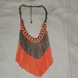 Statement Fringe Necklace in Neon Orange and Silver